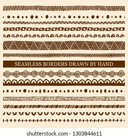 Vector set of hand drawn seamless borders made with ink. Freehand textures for fabric, polygraphy, web design.