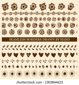 Vector set of hand drawn seamless borders made with ink. Freehand textures for fabric, polygraphy, web design.