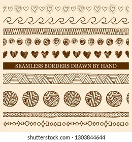 Vector set of hand drawn seamless borders made with ink. Freehand textures for fabric, polygraphy, web design.
