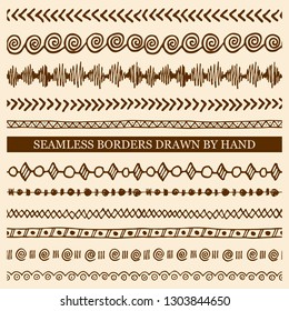 Vector set of hand drawn seamless borders made with ink. Freehand textures for fabric, polygraphy, web design.