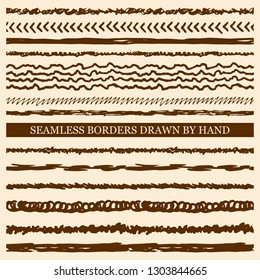 Vector set of hand drawn seamless borders made with ink. Freehand textures for fabric, polygraphy, web design.