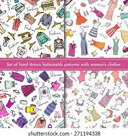 Vector set of hand drawn seamless patterns with fashionable women's clothes on white background. Sketches for use in design