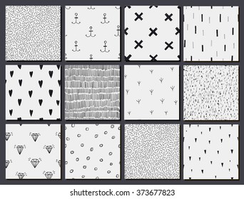 Vector set of hand drawn seamless cute abstract patterns, backgrounds. 