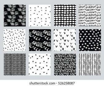 Vector set of hand drawn seamless pattern made with ink. Freehand textures for fabric, polygraphy, web design.