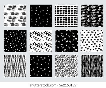 Vector set of hand drawn seamless pattern made with ink. Freehand textures for fabric, polygraphy, web design.