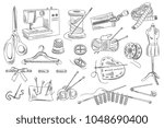 Vector set of hand drawn sewing and knitting icons. Mannequin, buttons, threads, sewing machine, scissors, pins, ribbon, pillow with needles, hanger, bobbin, centimeter, zipper