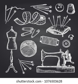 Vector set of hand drawn sewing elements on black chalkboard illustration
