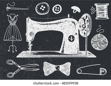 Vector set of hand drawn sewing, handcraft vintage elements. Thread for sewing, supplies and accessories. Black and white illustration