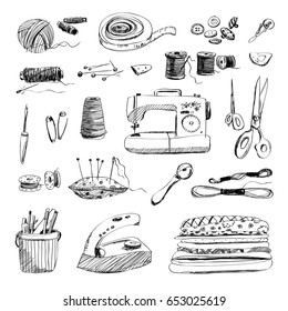 Vector set of hand drawn sewing and embroidery tools on white background