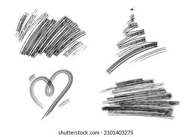 Conjunto vectorial de formas dibujadas a mano. Corazones dibujados a mano de un color, árbol de navidad y trazos rectangulares. Retroceso dibujado a mano.