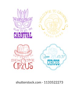 Vector set of hand drawn signs for circus and Mardi Gras carnival. Sketch emblems with masquerade mask, jester, elephant, clown's hat and mouth