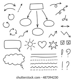 Vector set of hand drawn signs and arrows. Black on white.