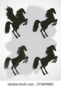 Vector set of hand drawn silhouettes rearing horse, Pegasus and Unicorn. 