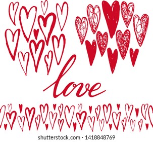 Vector set with hand drawn simple red hearts and hand written word "love" . Endless line ornament. Elements for wedding, valentin, romantic design