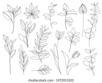 Vector set of hand drawn, single continuous line flowers, leaves. Art floral elements. Use for t-shirt prints, logos, cosmetics and beauty design elements