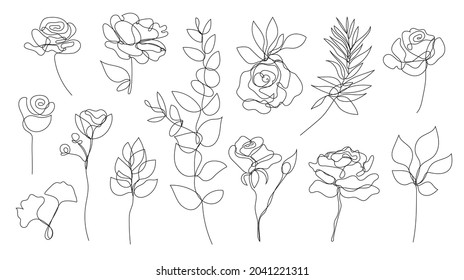 Vector set of hand drawn, single continuous line flowers, leaves. Art floral elements, roses. Use for t-shirt prints, logos, cosmetics and beauty design elements