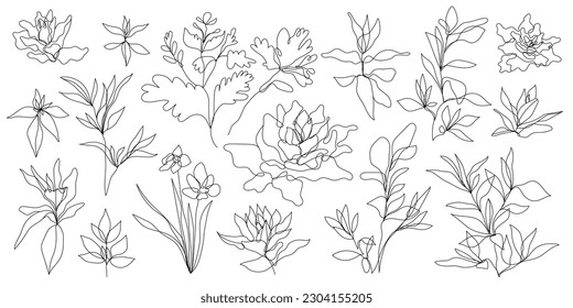 Vector set of hand drawn, single continuous line flowers, leaves. Art floral elements. Use for t-shirt prints, logos, cosmetics and beauty design elements