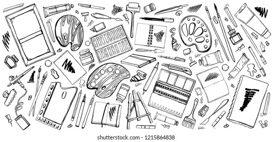 Vector set of hand drawn sketch vector artist materials. Black and white illustration with painting and drawing tools. Brushes, tubes, palettes, notepads, knives, pens and pencils 