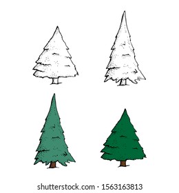 Vector Set of Hand Drawn Sketch Pine Trees. Cartoon spruce isolated on a white background. Christmas design elements, doodle style
