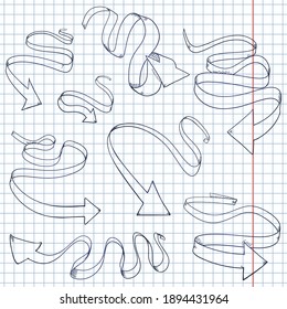 Vector Set of Hand Drawn Sketch Ribbon Arrows on Checkered Paper