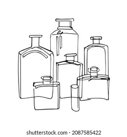 Vector set of hand drawn sketch bottles. Doodle style. Sketch of bottles. Isolated on white.