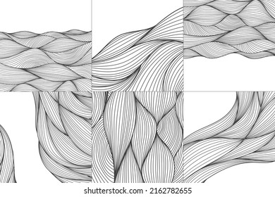 Conjunto vectorial de patrones ondulados dibujados a mano, fondos orgánicos. Olas de pelo blanco y negro. Texturas japonesas, rayas de doodle