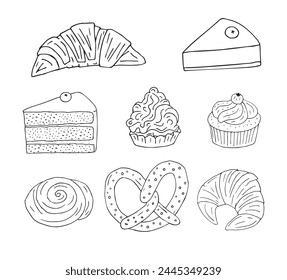 Vector set of hand drawn sketch doodle outline bakery pies isolated on white background