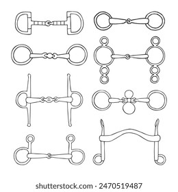 Vector set of hand drawn sketch doodle outline horse equestrian bits isolated on white background