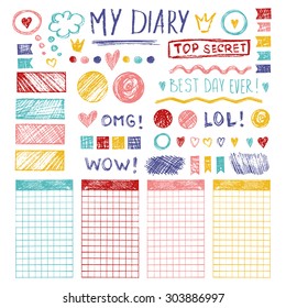 Vector Set Of Hand Drawn Sketch Elements And Words For Girl's Diary. Doodle Style.