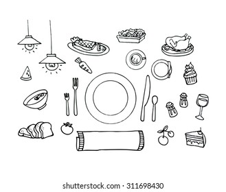 Vector set of Hand drawn sketch doodles in restaurant , dinner , food concept 