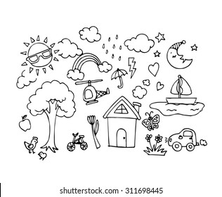 Vector set of Hand drawn sketch doodles in children or baby draw concept