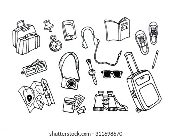 Vector set of Hand drawn sketch doodles in Travel concept 