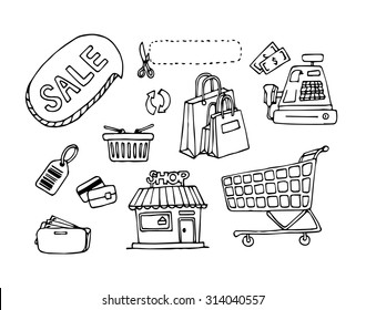 Vector set of Hand drawn sketch doodles in shopping concept