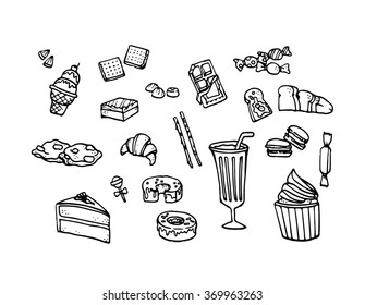 Vector set of Hand drawn sketch doodles of desserts draw concept
