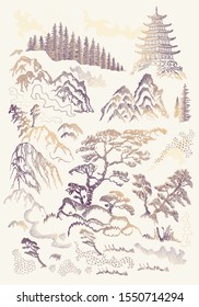 Vector set of hand drawn sketches in Japanese and Chinese nature ink illustration sumi-e tradition. Textured fir pine tree, pagoda temple, mountain, river, pond, grass, rock on a beige background