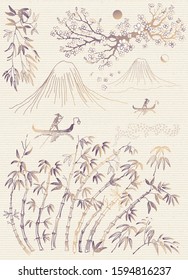 Vector set of hand drawn sketches in Japanese and Chinese nature ink illustration sumi-e tradition on aged rice paper texture. Bamboo stalks, leaves, mountain, river, blooming sacura flowers 