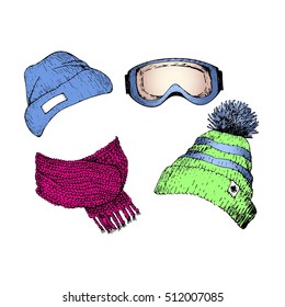 Vector set of hand drawn ski clothing icons. Knitted scarf, beanies, goggle mask. Engraved colored illustration. Use for winter sport design promotion, store, ski resort advertisement. 