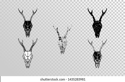 Vector set of hand drawn skulls roe deer with grunge elements in different versions on a transparent background. Monochrome. For you design, tattoo or magic craft.