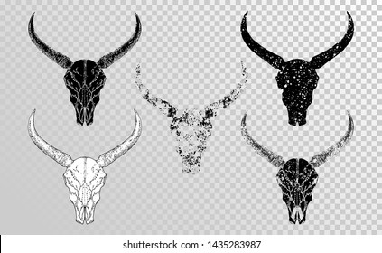 Vector set of hand drawn skulls wild  buffalo with grunge elements in different versions on a transparent background. Monochrome. For you design, tattoo or magic craft.
