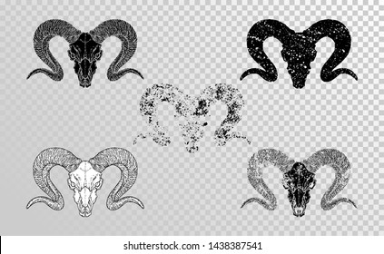 Vector set of hand drawn skulls wild ram with grunge elements in different versions on a transparent background. Monochrome. For you design, tattoo or magic craft.