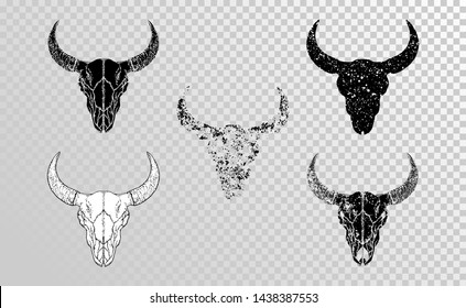 Vector set of hand drawn skulls bull with grunge elements in different versions on a transparent background. Monochrome. For you design, tattoo or magic craft.