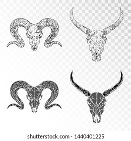 Vector set of hand drawn skulls of horned animals: ram and wild buffalo on transparent background. Black silhouettes and contour with grunge texture. For you design, print, tattoo or magic craft.