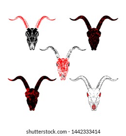 Vector set of hand drawn skulls goat with grunge elements in different versions on a white background. In black and red colors. For you design, tattoo or magic craft.