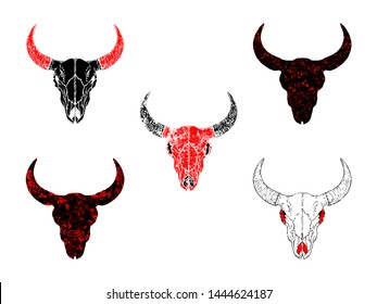 Vector set of hand drawn skulls bull with grunge elements in different variants on a white background. In black and red colors. For you design, tattoo or magic craft.