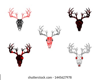 Vector set of hand drawn skulls deer with grunge elements in different versions on a white background. In black and red colors. For you design, tattoo or magic craft.