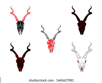 Vector set of hand drawn skulls doe with grunge elements in different versions on a white background. In black and red colors. For you design, tattoo or magic craft.