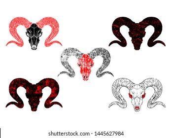 Vector set of hand drawn skulls ram with grunge elements in different variants on a white background. In black and red colors. For you design, tattoo or magic craft.