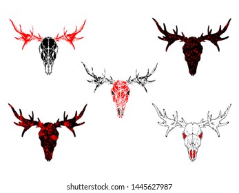 Vector set of hand drawn skulls moose with grunge elements in different variants on a white background. In black and red colors. For you design, tattoo or magic craft.