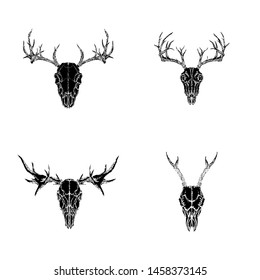 Vector set of hand drawn skulls of horned animals: roe deer, stag and moose on white background. Black silhouettes. For you design, print, tattoo or magic craft.