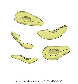 Vector set of hand drawn slice avocado. Food vector illustration. Design for packaging, weddings, fabrics, textiles, wallpaper, website, postcards.